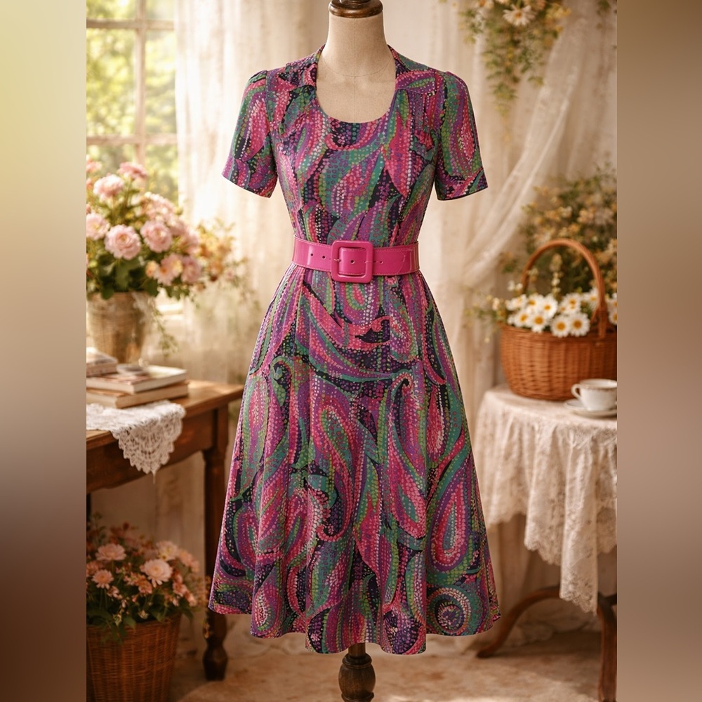 Vintage 1970s Home Sewn Vibrant Multicolor Polka Dot Midi Day Dress